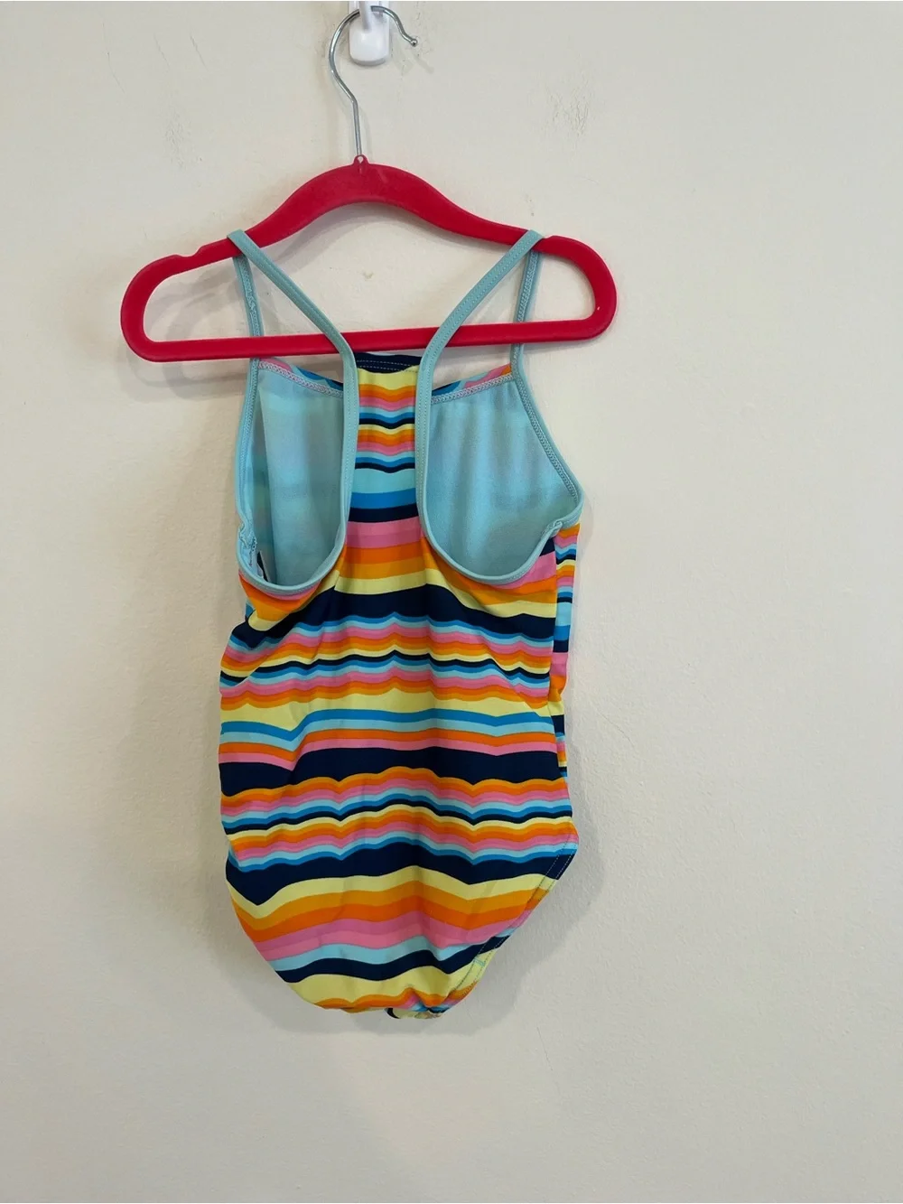 Speedo Girls Rainbow Wave Stripe One-Piece Swimsuit - Light Blue Trim